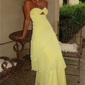 Elegant Yellow Strapless Ruched Gown